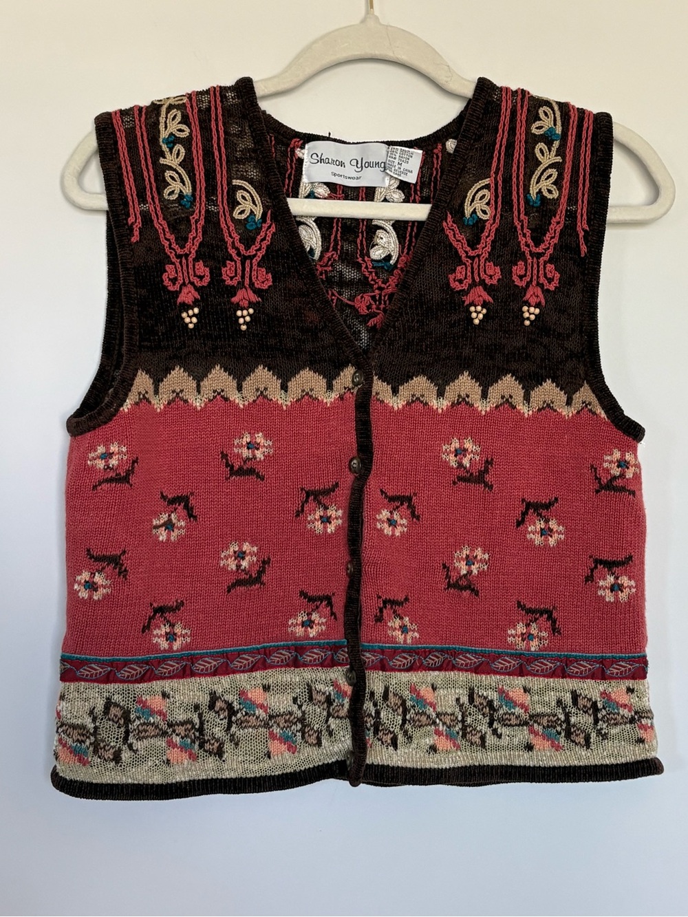 Vintage Sharon Young Tapestry Knit Sweater Vest Medium Floral Embroidered 90s